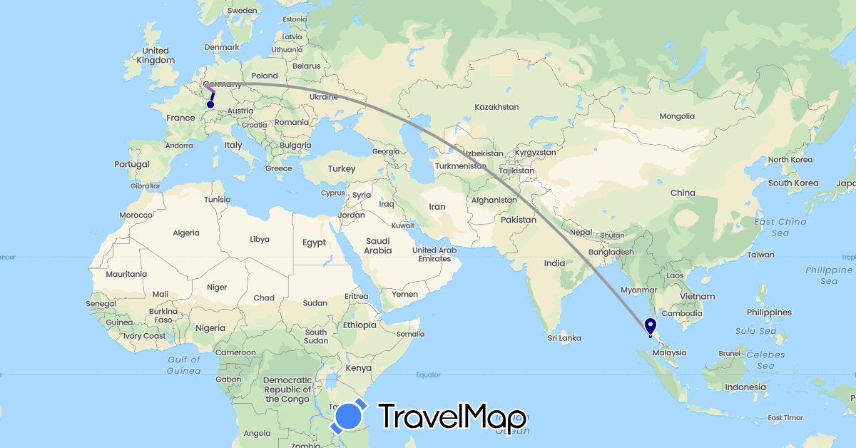 TravelMap itinerary: driving, plane, train in Germany, Thailand (Asia, Europe)